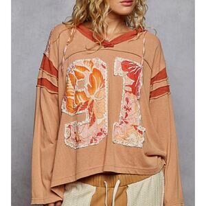 POL Patchwork 91 Hoodie Top Small Boho V-Neck Long Sleeve Graphic Pullover